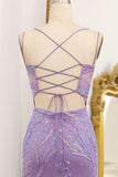 Mermaid Lace-Up Back Lilac Sequins Prom Dress with Slit