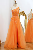 One Shoulder A Line Tulle Princess Prom Dress with Slit