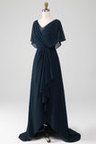Navy A-Line V-Neck Sequin Mother of the Bride Dress