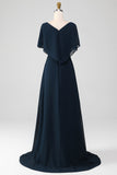 Navy A-Line V-Neck Sequin Mother of the Bride Dress