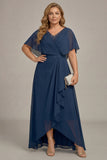 Navy Chiffon V-Neck A Line Plus Size Mother of the Bride Dress
