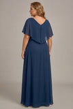 Navy Chiffon V-Neck A Line Plus Size Mother of the Bride Dress