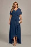 Navy Chiffon V-Neck A Line Plus Size Mother of the Bride Dress