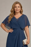 Navy Chiffon V-Neck A Line Plus Size Mother of the Bride Dress