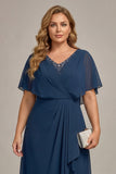 Navy Chiffon V-Neck A Line Plus Size Mother of the Bride Dress
