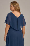Navy Chiffon V-Neck A Line Plus Size Mother of the Bride Dress