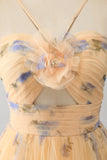 Yellow A-Line Halter Pleated Tulle Tiered Prom Dress With Embroidery