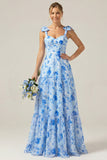 A Line Blue Floral Long Bridesmaid Dress With Bows