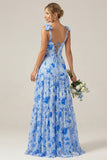 A Line Blue Floral Long Bridesmaid Dress With Bows
