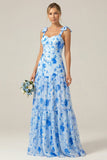 A Line Blue Floral Long Bridesmaid Dress With Bows