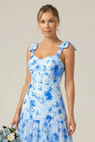 A Line Blue Floral Long Bridesmaid Dress With Bows
