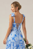A Line Blue Floral Long Bridesmaid Dress With Bows