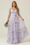 A Line Floral Lilac Plus Size Bridesmaid Dress