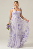 A Line Floral Lilac Plus Size Bridesmaid Dress
