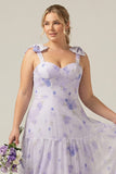A Line Floral Lilac Plus Size Bridesmaid Dress