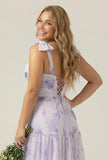 A Line Floral Lilac Plus Size Bridesmaid Dress