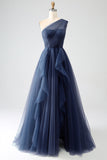 Dark Green A-Line Tulle One-Shoulder Long Prom Dress with Slit