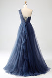 Dark Green A-Line Tulle One-Shoulder Long Prom Dress with Slit