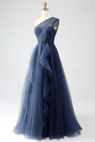 Dark Green A-Line Tulle One-Shoulder Long Prom Dress with Slit