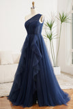 Sparkly Navy A-Line One Shoulder Long Tulle Prom Dress