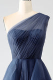 Dark Green A-Line Tulle One-Shoulder Long Prom Dress with Slit