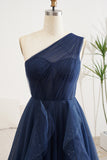 Sparkly Navy A-Line One Shoulder Long Tulle Prom Dress