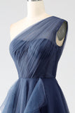 Dark Green A-Line Tulle One-Shoulder Long Prom Dress with Slit