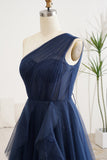 Sparkly Navy A-Line One Shoulder Long Tulle Prom Dress