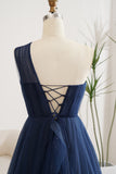 Sparkly Navy A-Line One Shoulder Long Tulle Prom Dress