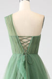 Dark Green A-Line Tulle One-Shoulder Long Prom Dress with Slit