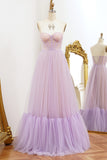 Strapless Lilac A Line Tulle Prom Dress with Lace-up Back