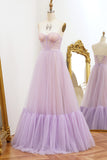 Strapless Lilac A Line Tulle Prom Dress with Lace-up Back