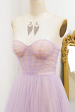 Strapless Lilac A Line Tulle Prom Dress with Lace-up Back