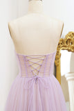 Strapless Lilac A Line Tulle Prom Dress with Lace-up Back