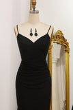 Black Mermaid Spaghetti Straps Pleated Long Prom Dress with Beading