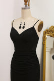 Black Mermaid Spaghetti Straps Pleated Long Prom Dress with Beading