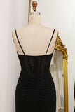 Black Mermaid Spaghetti Straps Pleated Long Prom Dress with Beading