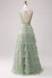 Pleated A Line V Neck Grey Green Floor Length Prom Dress