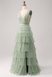 Pleated A Line V Neck Grey Green Floor Length Prom Dress