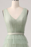 Pleated A Line V Neck Grey Green Floor Length Prom Dress