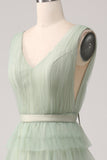 Pleated A Line V Neck Grey Green Floor Length Prom Dress
