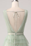 Pleated A Line V Neck Grey Green Floor Length Prom Dress