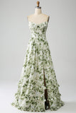 Green A-Line Spaghetti Straps Printed Maxi Dress With Slit