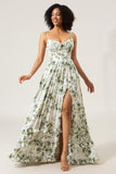 Green A-Line Spaghetti Straps Printed Maxi Dress With Slit