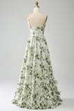 Green A-Line Spaghetti Straps Printed Maxi Dress With Slit