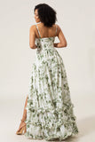 Green A-Line Spaghetti Straps Printed Maxi Dress With Slit