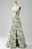Green A-Line Spaghetti Straps Printed Maxi Dress With Slit