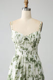 Green A-Line Spaghetti Straps Printed Maxi Dress With Slit
