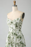 Green A-Line Spaghetti Straps Printed Maxi Dress With Slit