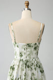 Green A-Line Spaghetti Straps Printed Maxi Dress With Slit